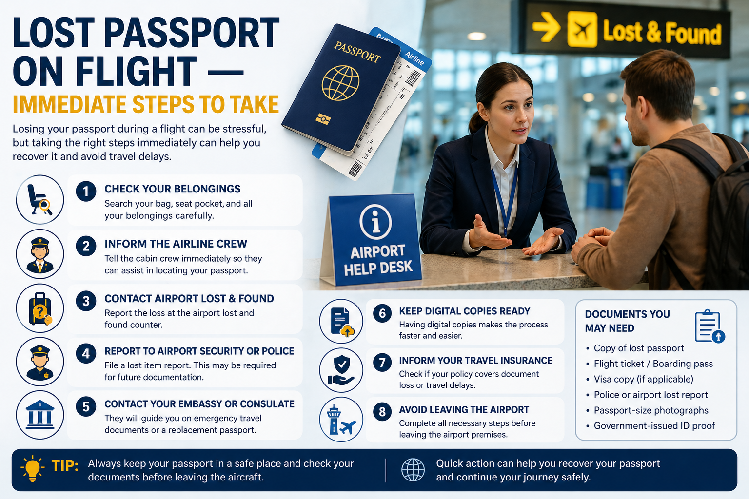 Traveler reporting a lost passport at airport help desk