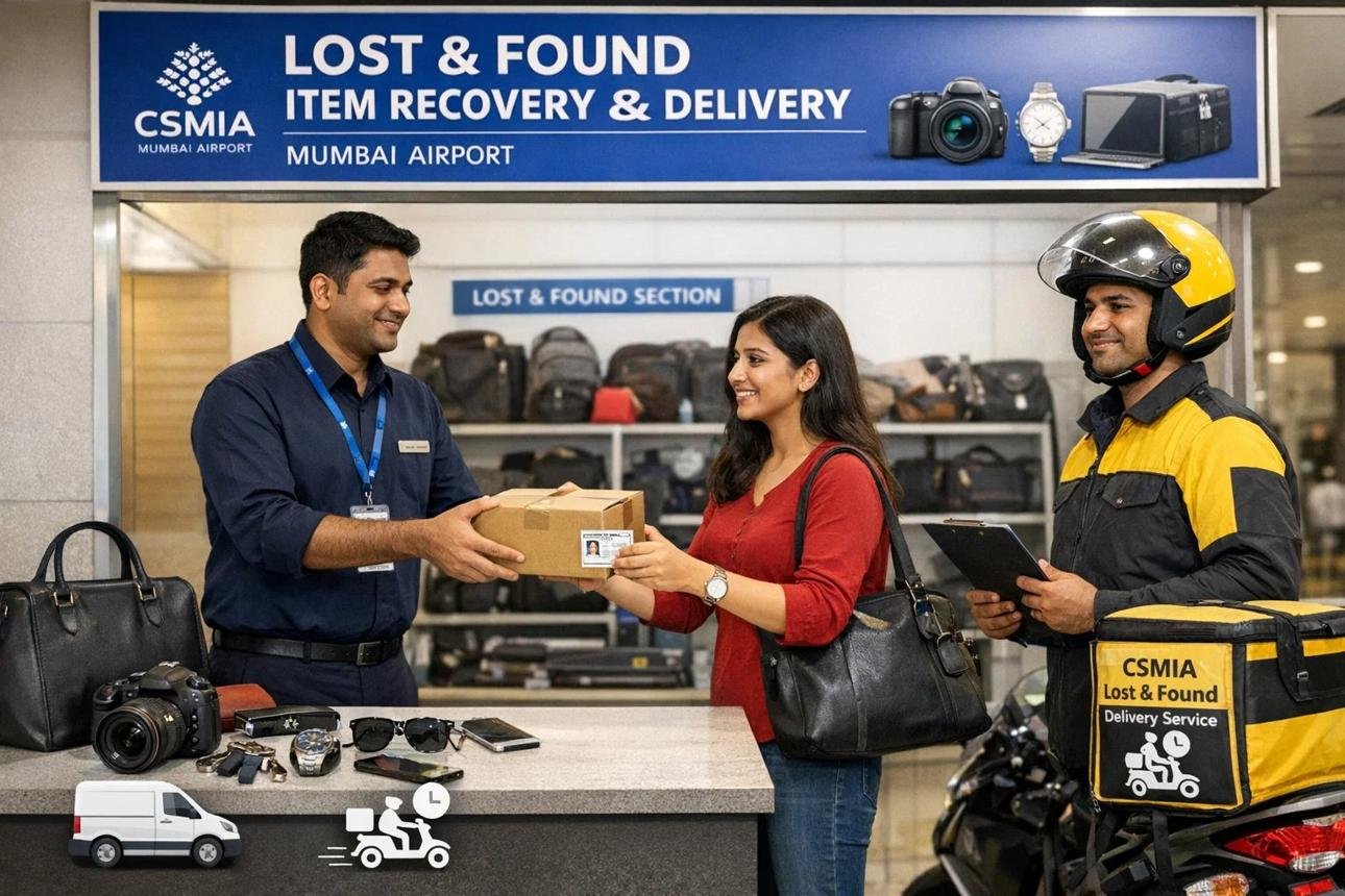Airport lost and found counter with passenger collecting luggage